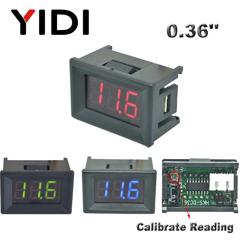 0.36'' DC 0-100V Mini LED Digital Voltmeter Red Green Blue LED Car Voltage Detector DC 2.3-30V Reading Calibrate Meter 2 3 Cable