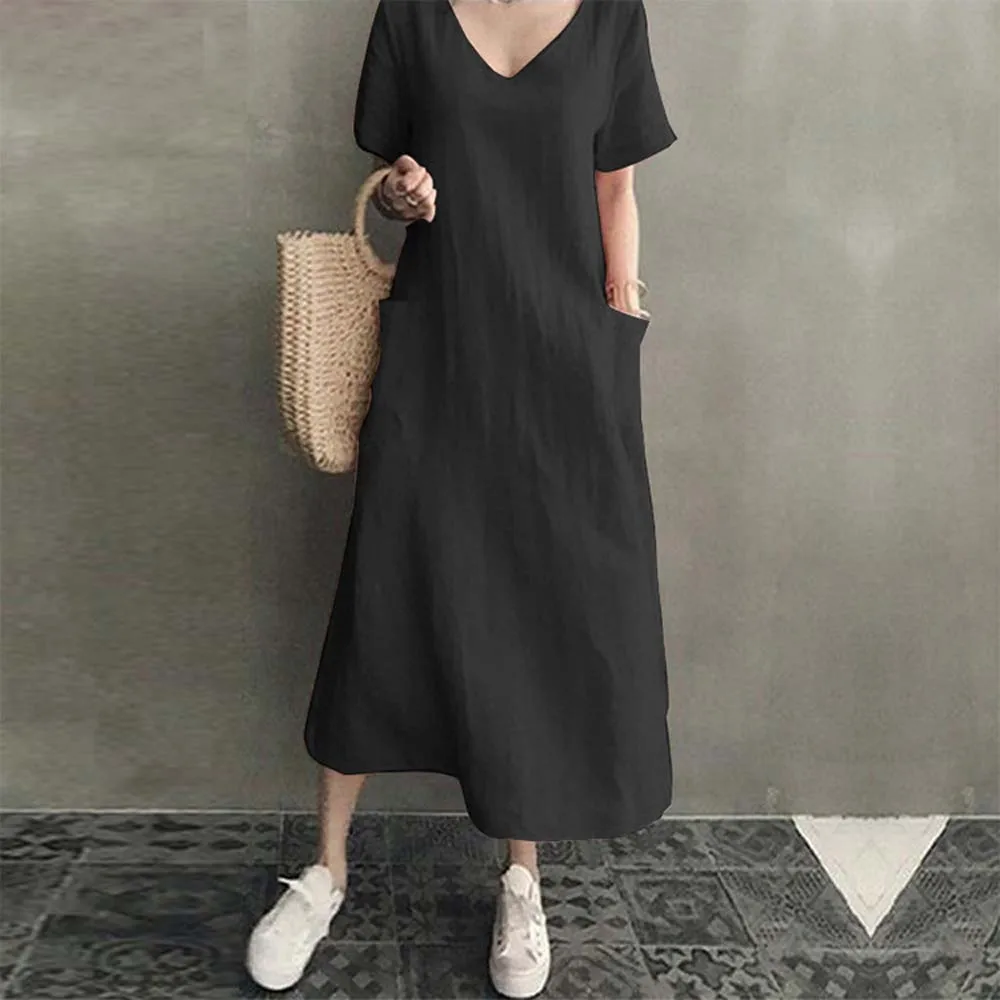 

Women Fashion Cotton Dress Short Sleeve Round Neck Solid Color Patchwork Loose Pullover Fresh Korea Style Lady Dress For Spring