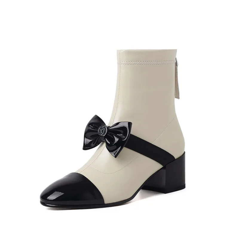 Женские ботинки челси на высоком каблуке 5 см с круглым бантом Размеры 35-39