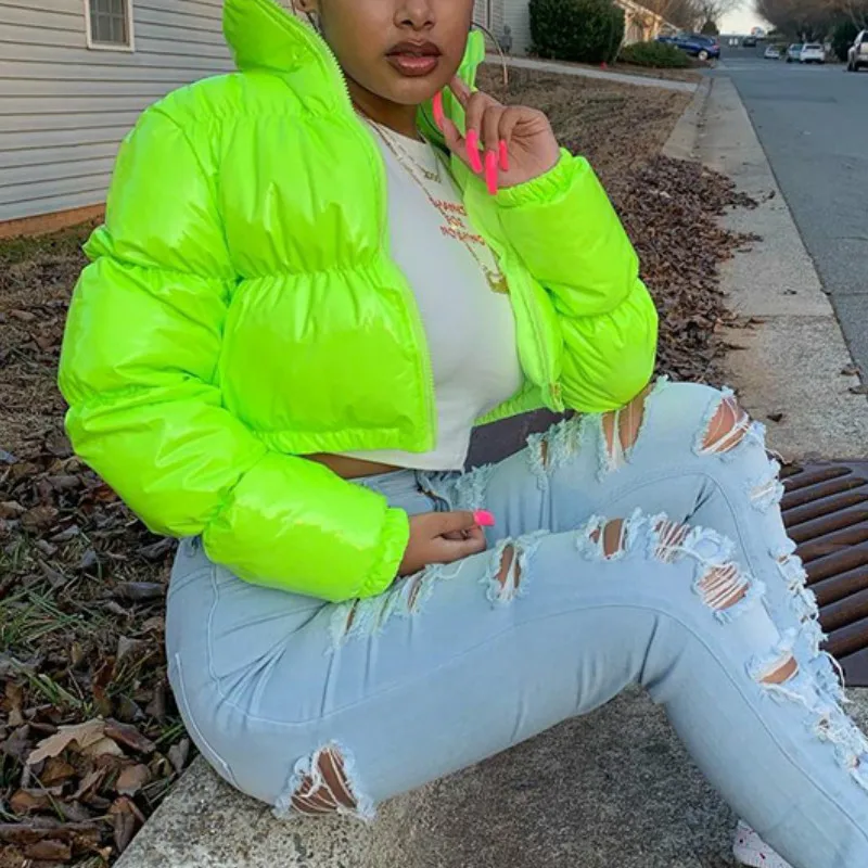 PU Warm Parka Coat Women Casual Fashion Long Sleeve Winter Cropped Bright Shiny Silver Bubble Coat Puffer Jacket Outwears Sexy