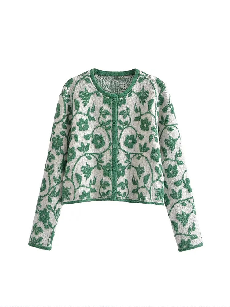 

Women 2022 New Fashion flower patternjacquard Knitted Cardigan Sweater Vintage Long Sleeve Female Outerwear Chic Tops