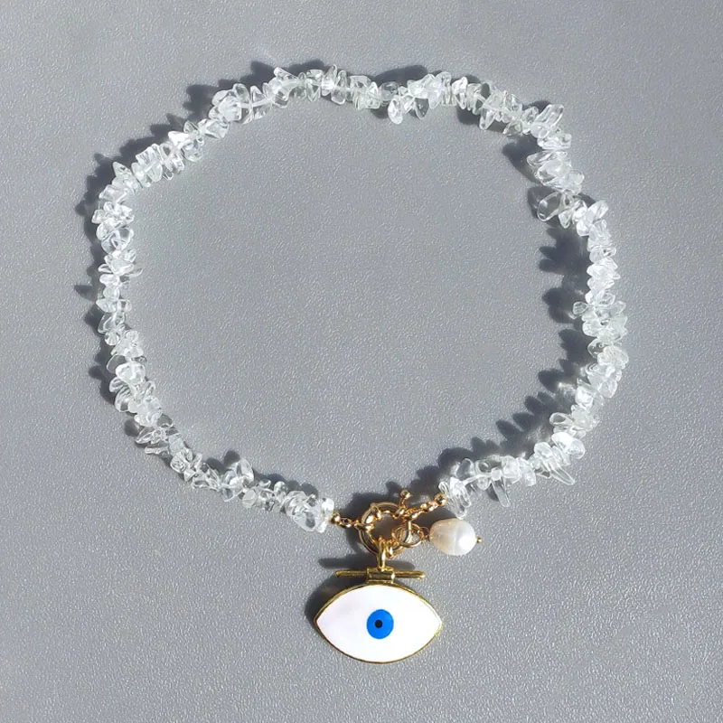

Fashion Charm Bigevil Eye Pendant Necklace Classic Simple Irregular Transparent Stone Natural Pearl Embellished Choker Wholesale