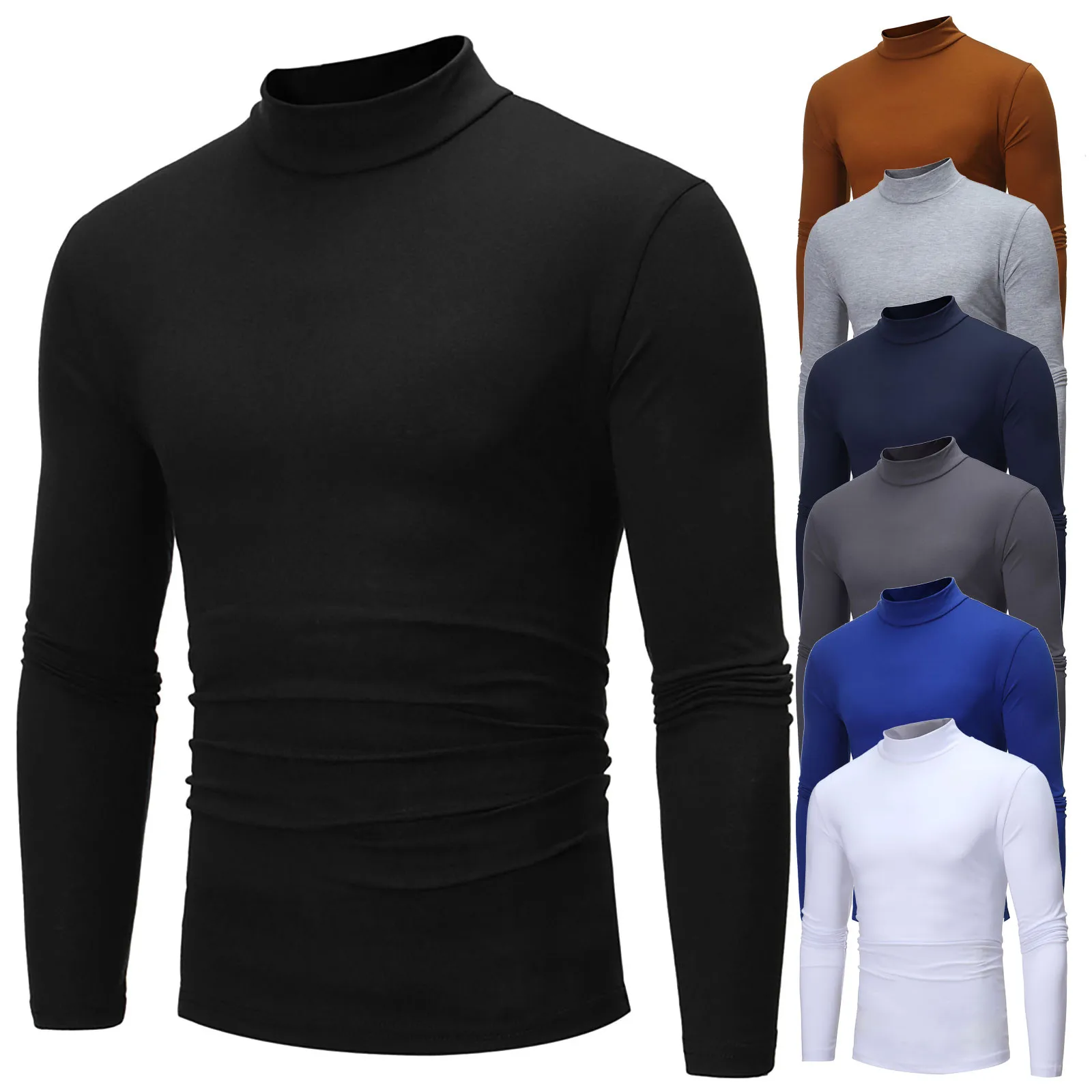 

2022 Autumn New Men's Slim Fit Turtleneck T Shirts Male Solid Color Long Sleeve T Shirts Men Casual High Neck Tshirt Tops M-3xl