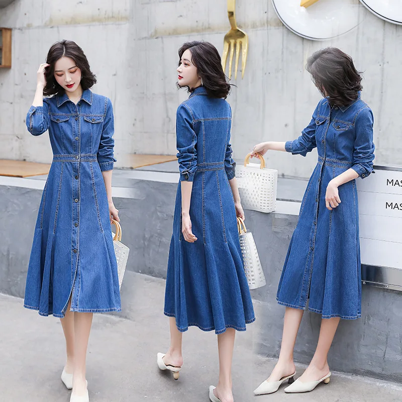 

Denim dress medium length women 2020 spring new Korean fashion waist closing long sleeve casual temperament long skirt trend