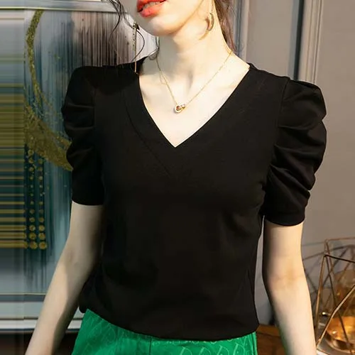 

브이넥 무지 셔링 포인트 반팔 티셔츠