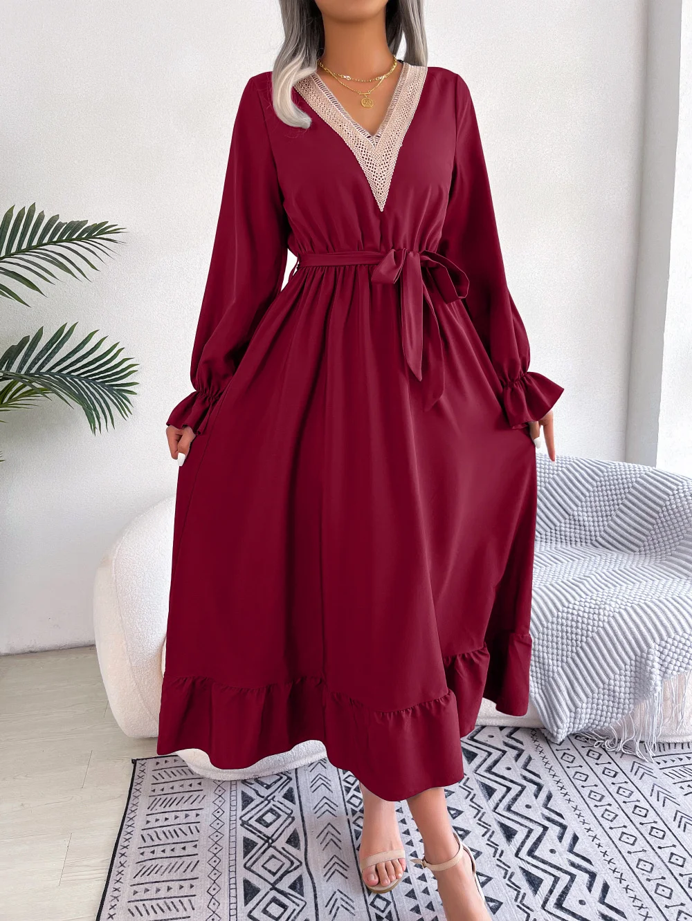 

Dresses For Women 2023 Spring And Summer New Temperament V-Neck Lace Waist Ruffle Edge Long Dress High Waist Long Sleeve Dress