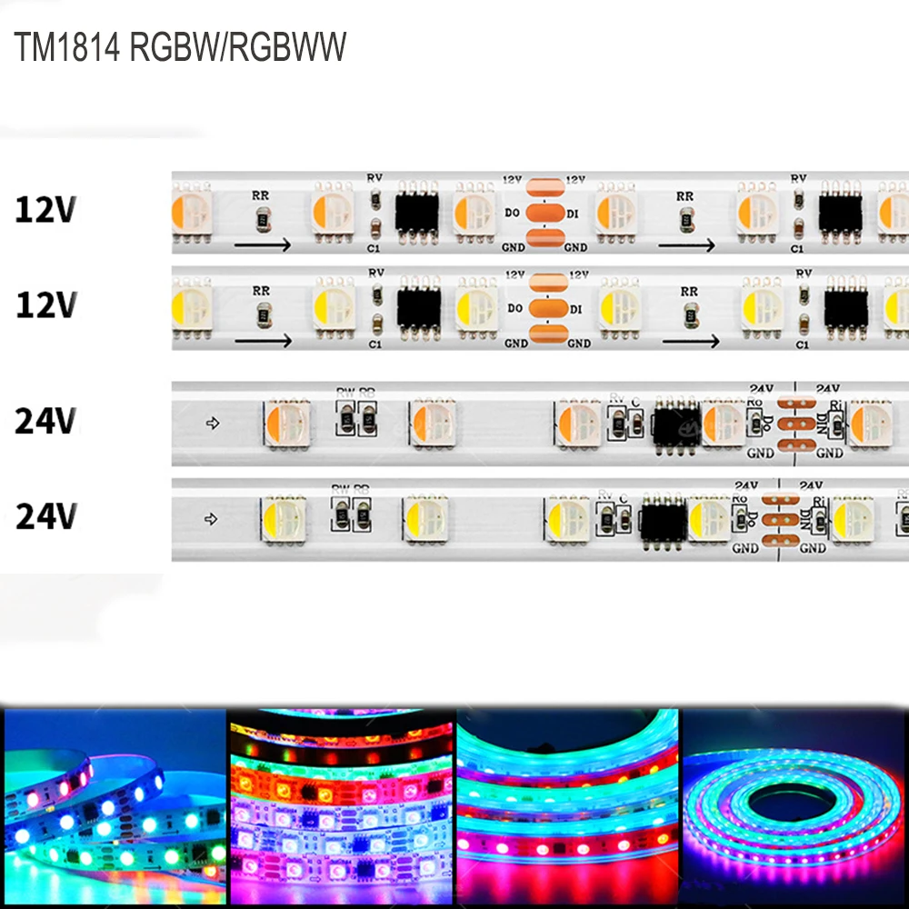 Фото Светодиодная лента постоянного тока 12 В, 24 В, 4 цвета в 1 светодиоде RGBW RGBWW TM1814 IC, адресуемая 5050 RGBW пикселей, белая печатная плата, IP30, IP67, водонепроницаемая №1