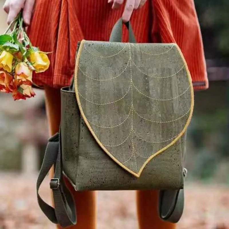 

Canvas Embroidery Green Cork Leather Leaf College Backpack 2022 Casual Breathable Soft Texture Exquisite Outdoor Travel Rucksack