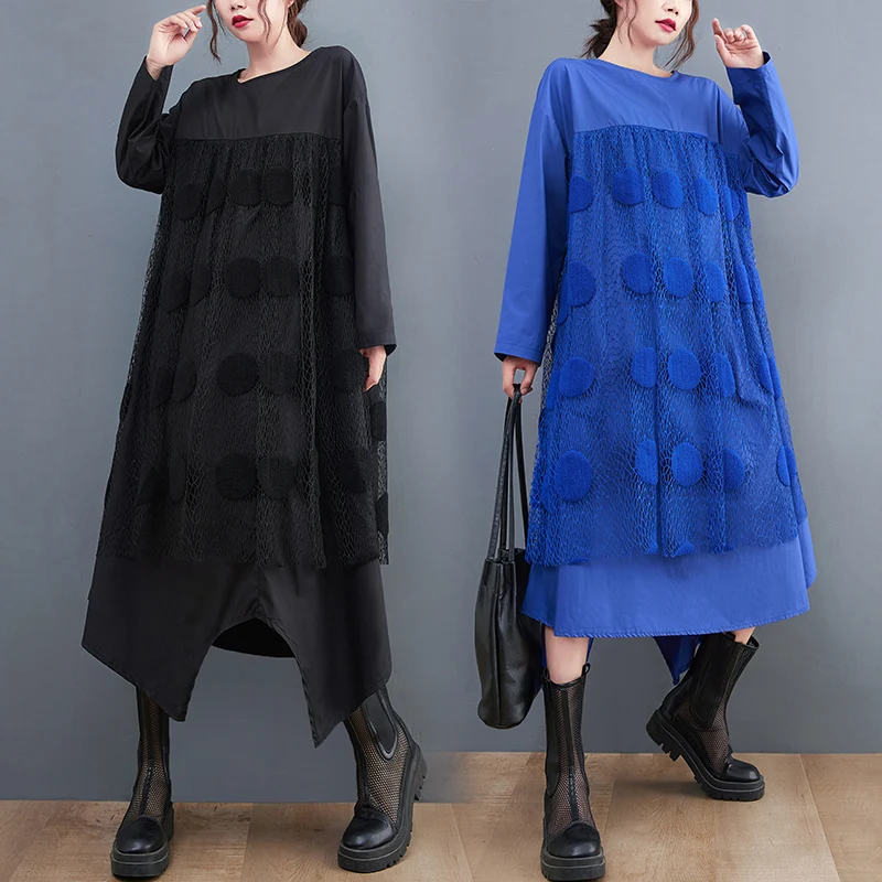 

2022 Vestidos De Verano Spring Pacthwork Lace Runway Plus Size Muslim Robe Woman`s Long Sleeve Cotton Elgant Loose Black Dresses