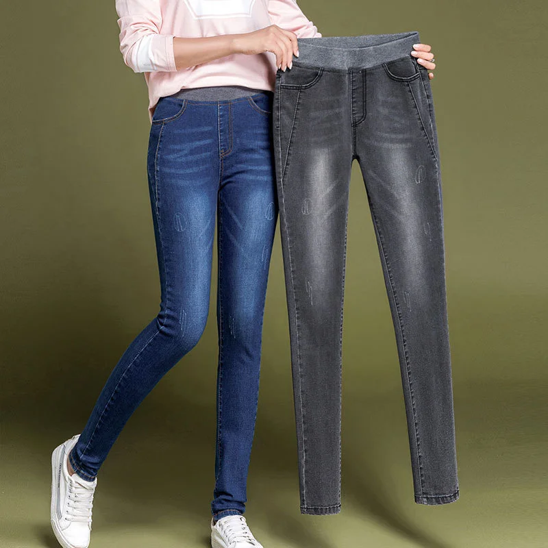 

Women's Simple solid Elastic high waist Skinny Jeans Clothes 36 38 fashion Women black blue Slim mom Jeans Stretch Denim Pants