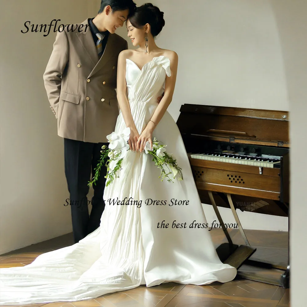 

Sunflower Simple V-neck Wedding Dress 2023 Slim Satin Prom dress Bow Backless Lace Up Floor-Length Evening Sweep Train