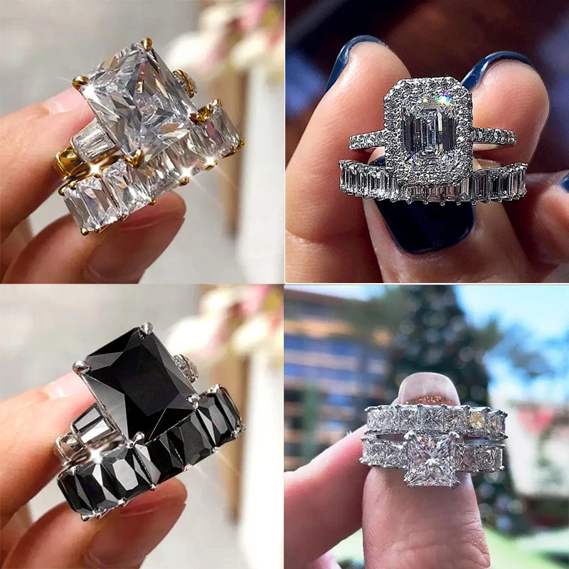 

Huitan 2023 New Trendy 2Pcs/Set Rings for Women Fashion Engagement Wedding Set Rings Crystal Square CZ Promise Eternity Jewelry