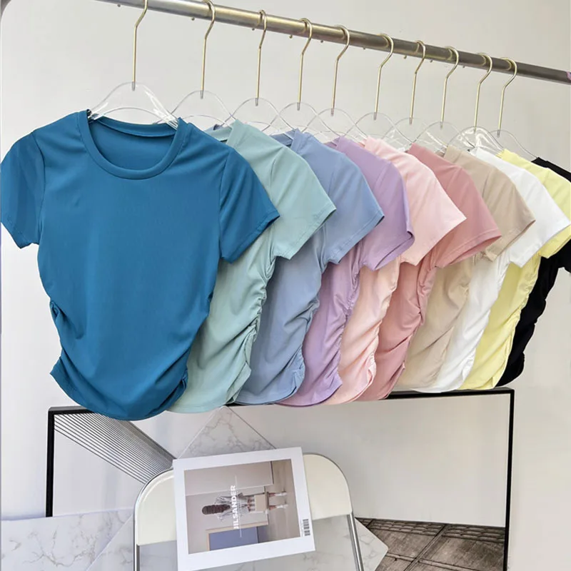 Side Pleated  Yoga Sport T Shirts Women Casual Ribbed Athletic Workout Short Sleeved Top Outfits