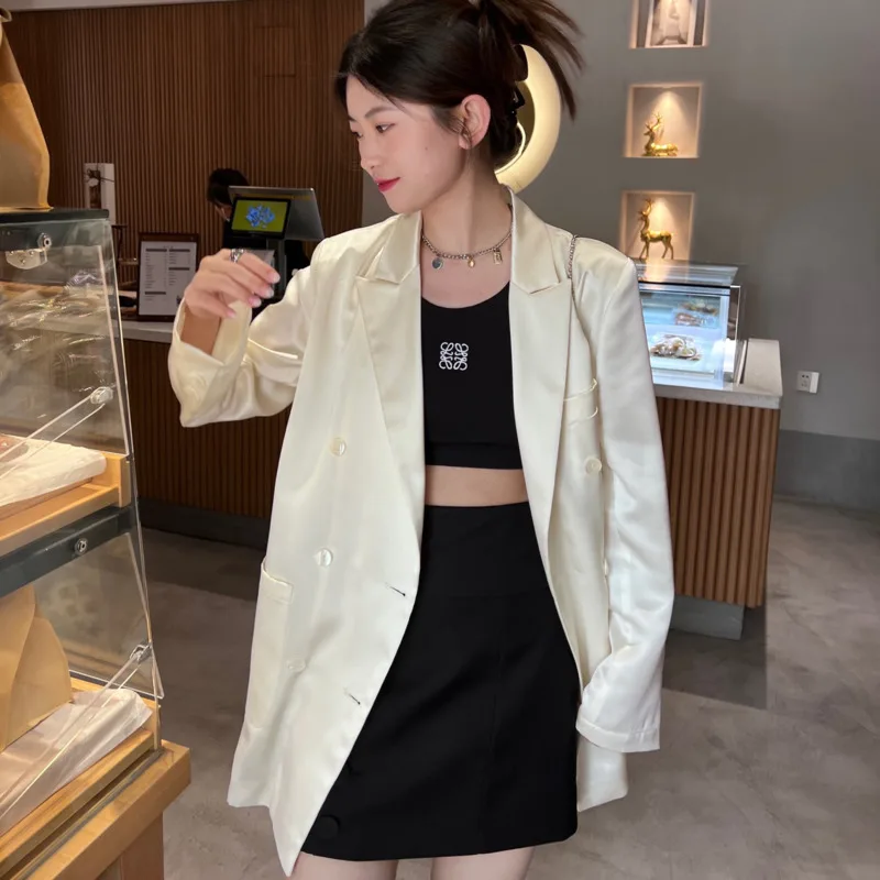 

Women Milky White Casual Blazer New Lapel Long Sleeve Loose Fit Jacket Female High Quality Suit Coat Fashion Tide Spring Autumn