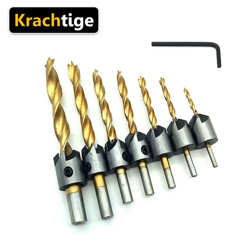 

Krachtige 7pcs Titanium Hss 5 Flute Countersink Drill Bit Set Reamer Woodworking Chamfer 3 4 5 6 7 8 10mm + L-Type Wrench