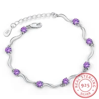 925 sterling silver woman charm bracelet fashion simple water drop purple high grade crystal bracelet wedding party jewelry