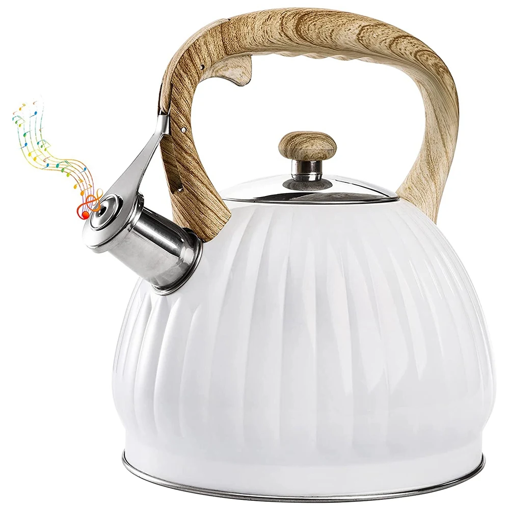 

3. Чайный чайник 5 л для плиты, чайник из нержавеющей стали со свистком и деревянной ручкой, белый чайник в форме тыквы