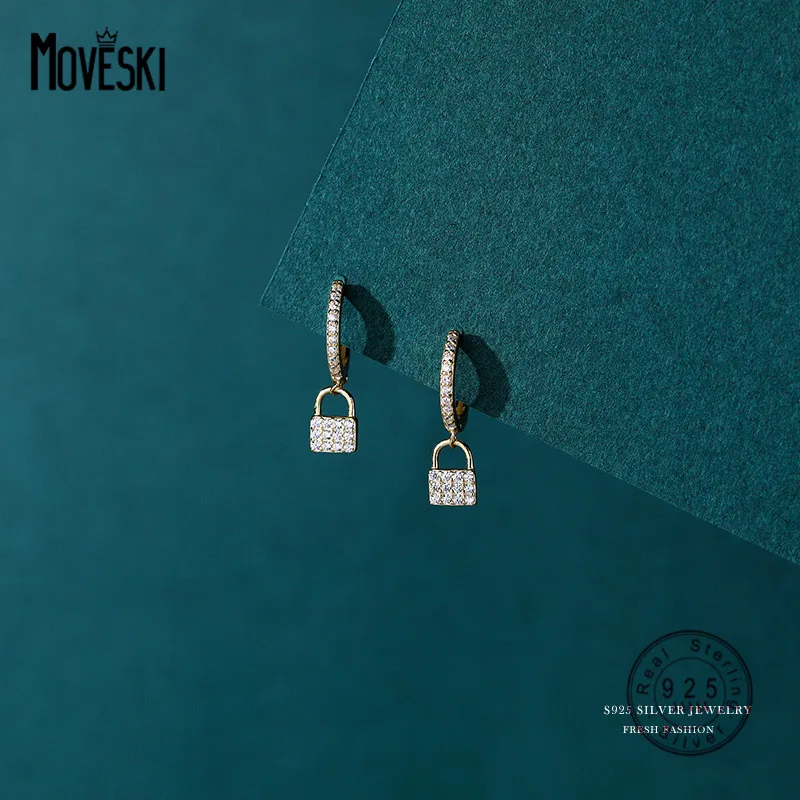 

MOVESKI 925 Sterling Silver Japanese Sparkling Pavé Zircon Lock Stud Earrings Women Classic Glamour Birthday Gift Jewelry
