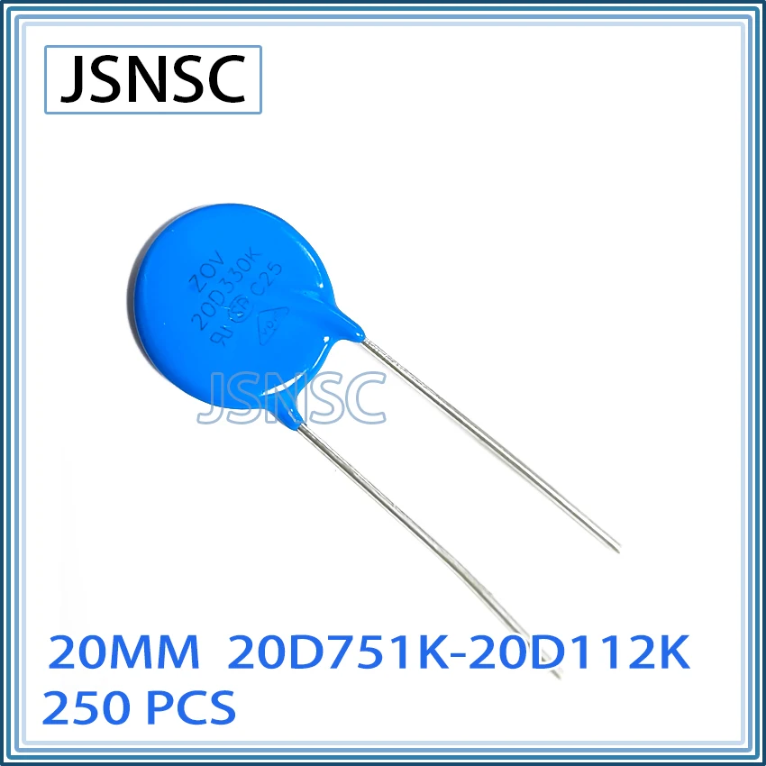Фото Варистор JSNSC 250 шт. 20D 20D751K 20D821K 20D911K 20D102K 20D112K Диаметр 20 мм 750 В 820 В 910 В 1 кВ 1,1 кВ 1000 В пьезорезистор №1