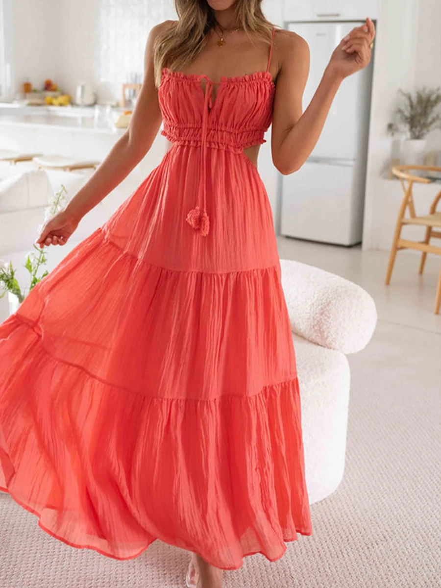 

Женское летнее облегающее длинное платье Y2k, платье на бретелях-спагетти с глубоким вырезом, пикантная майка с открытой спиной и высоким разрезом, пляжные платья, клубная одежда