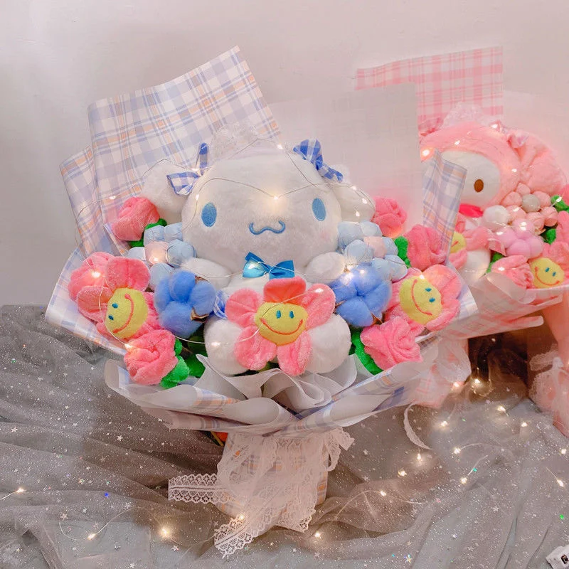 Букеты Hello Kitty со светодиодсветильник кой My Melody Cinnamoroll Kuromi Kawaii Плюшевые игрушки
