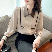 contrast color women shirt square collar double breasted long puff sleeve female blouse office ladies elegant spring 2022
