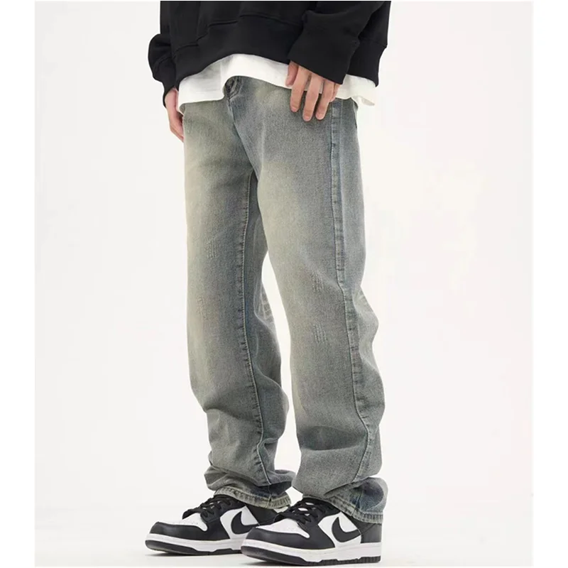 Men's Wear Vintage Casual Jeans Worn Yellow Mud Dyed Broad Leg Pants High Street Loose Straight Trousers Autumn and Winter Women