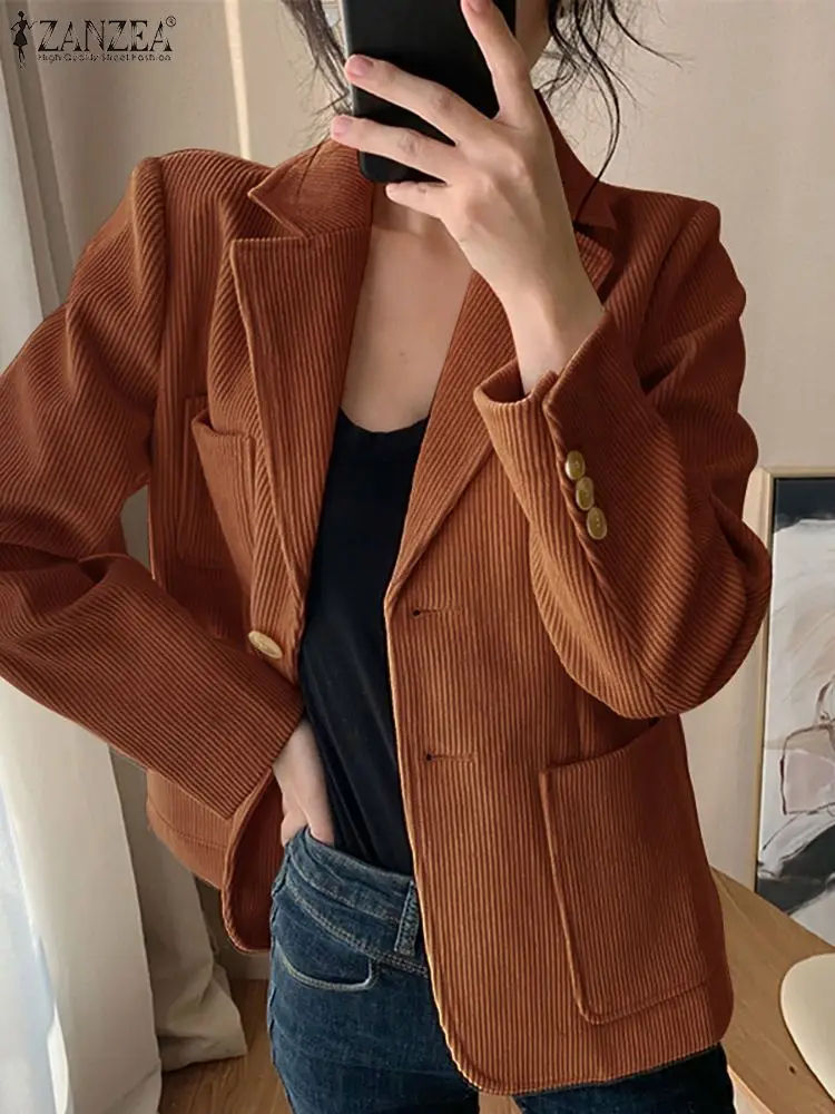 

ZANZEA Corduroy Office Suit Jackets Korean Fashion Autumn Long Sleeve Women Blazer Casual OL Notched Collar Elegant Blazer Coats