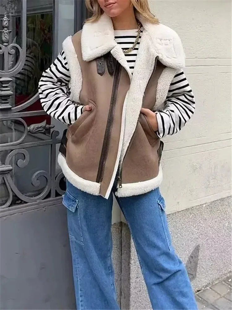 

TRAF Fleece Vest Woman Faux Fur Vest Women Autumn Women's Sleeveless Leather Jacket Winter Woman Coat 2022 Very Warm Zip Jacket