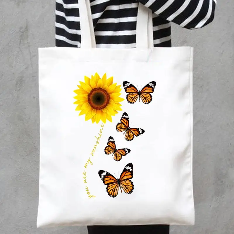 

Холщовые винтажные милые сумки 90s с принтом бабочек и цветов, Женская Повседневная Сумка-тоут через плечо для покупок