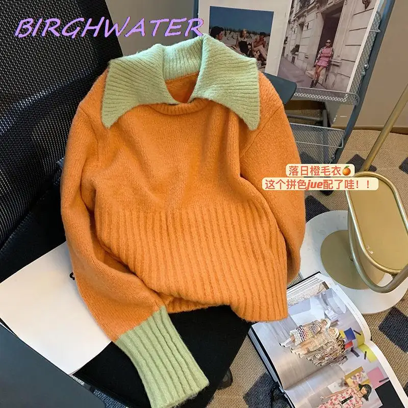 

Женский трикотажный свитер в стиле пэчворк, пуловер с отложным воротником и длинным рукавом, имитация двух корейских шикарных джемперов, Ос...