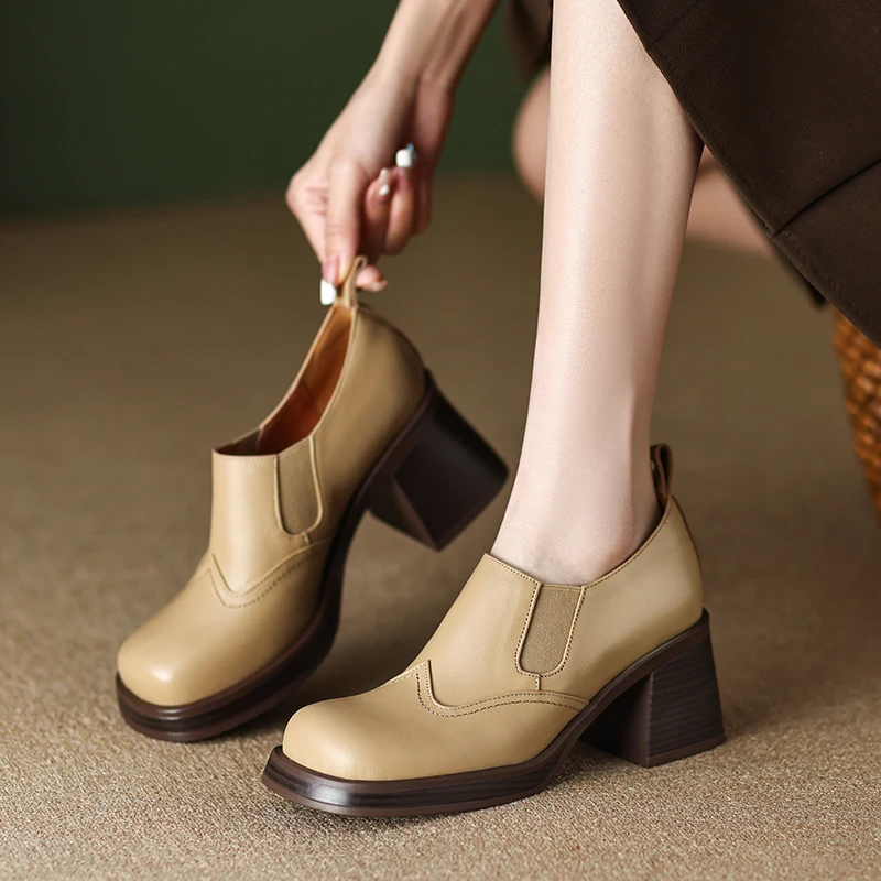 

Женские туфли из натуральной кожи, на толстом каблуке, с круглым носком