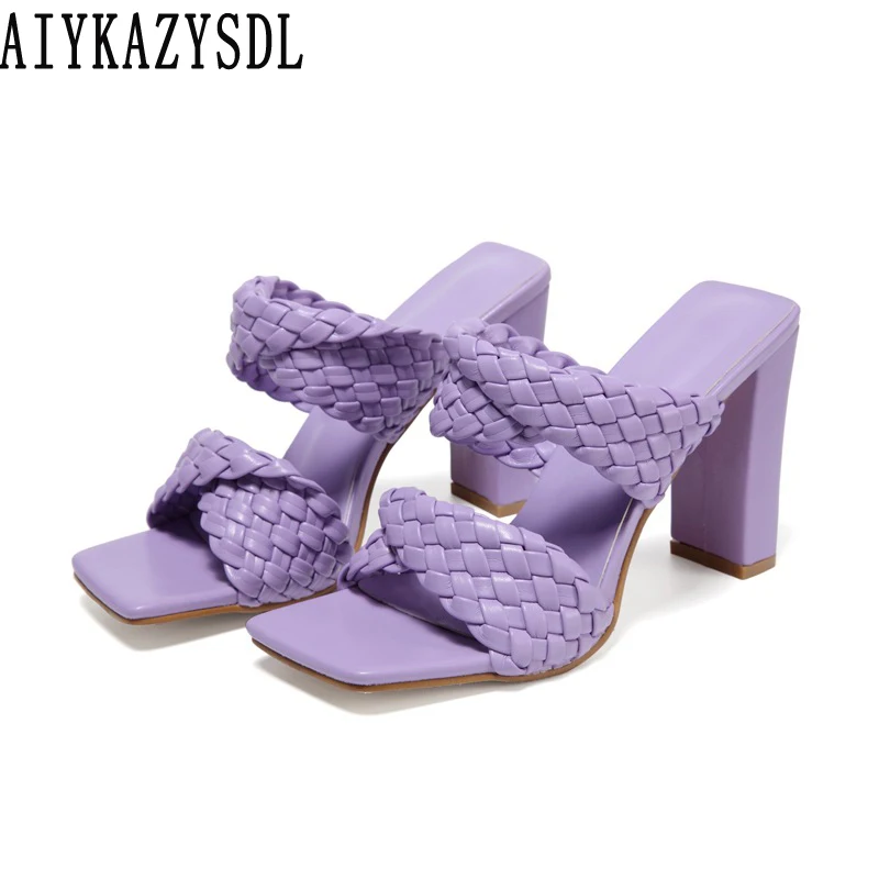 

AIYKAZYSDL модные женские вязаные плетеные сандалии гладиаторы фиолетовые коричневые вечерние повседневные туфли квадратный носок квадратный блочный высокий каблук туфли