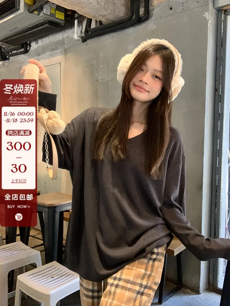 Song Zhengen Black V-neck Loose Dralon Base Shirt Women Fleece-lined Thickened Inner wear Long sleeves Casual round Nec...