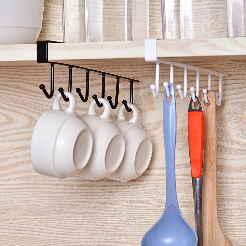 

6 Hooks Kitchen Hanger Iron Hook Shelf Punch Free Rack Multifunctional Hanger for Kitchen Gadget Cabinet Cupboard Dish Organizer