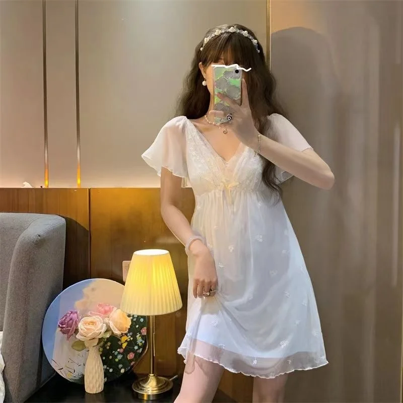 Sexy Womens Summer Nightdress Lace V-Neck Sleepshirt Cute White Nightgowns Nightwear Spring Sleepdress with chest pads Pajamas