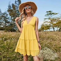yellow v neck sleeveless summer mini dress for women 2022 loose pleated casual bohemia dress hollow lace up sexy short dresses