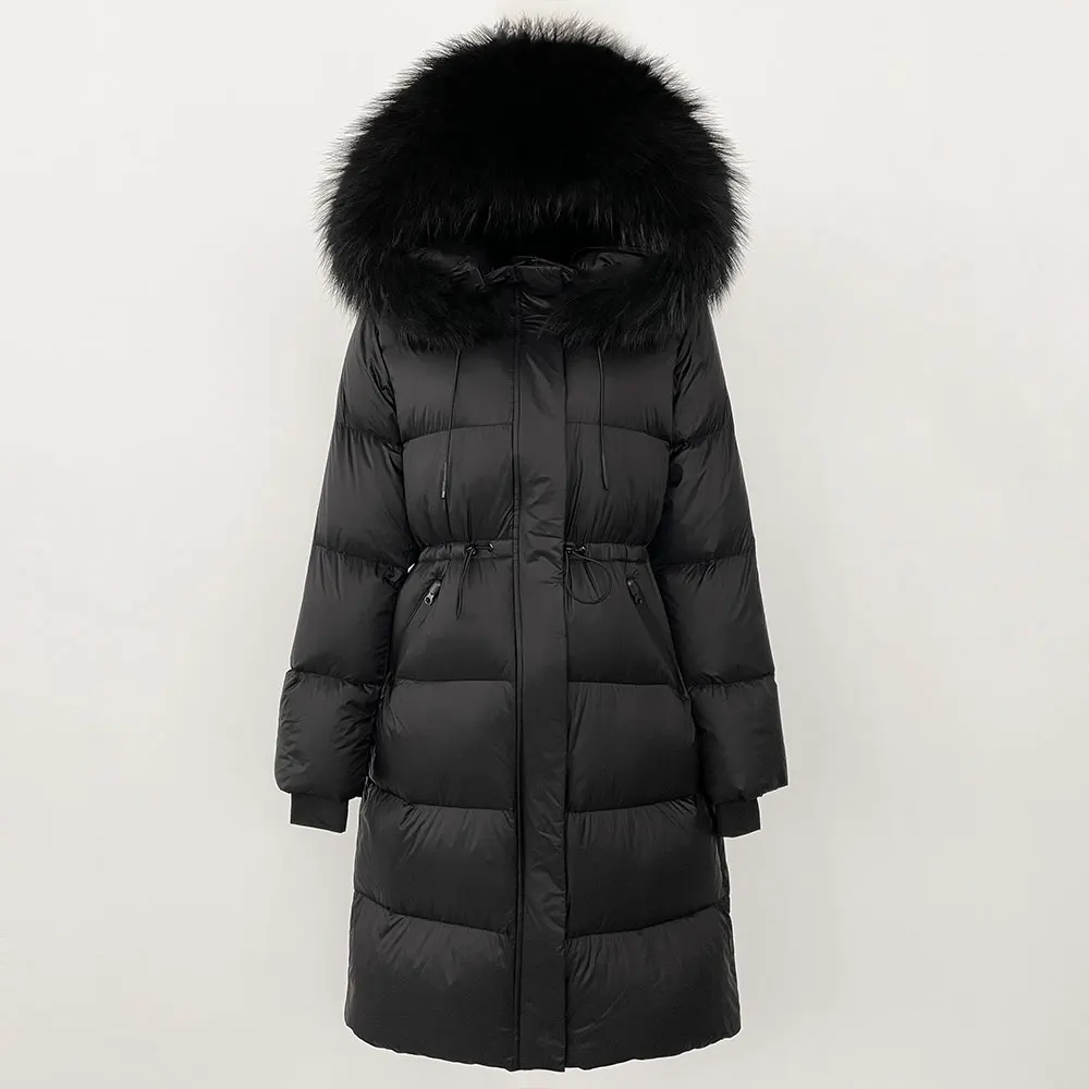 Женское длинное теплое пальто на утином пуху с воротником из лисьего меха