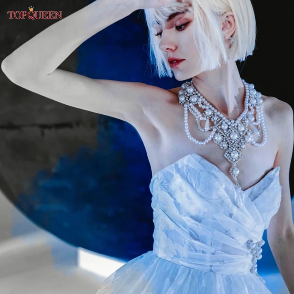 

TOPQUEEN G61 Bridal Beaded Necklace Boleros Ceremony Off Shoulder Wedding Jewelry Elegant Big White Imitation Pearl Beads Choker