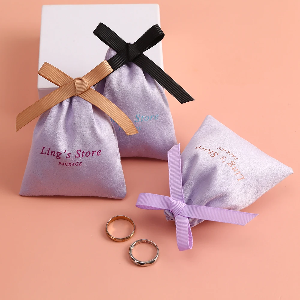 100 Custom Logo jewelry Bag Purple Velvet Jewelry Bag with Ribbon Gift Pouches for Wedding Candy Packing Christmas Decoration