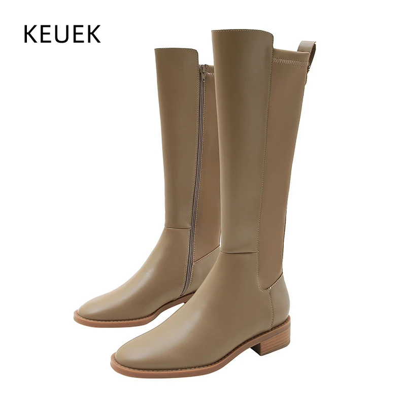 

New Chunky Heel Elastic Boots Women PU Leather High Boots Performance Party Long Boots Breathable Spring Autumn 03B