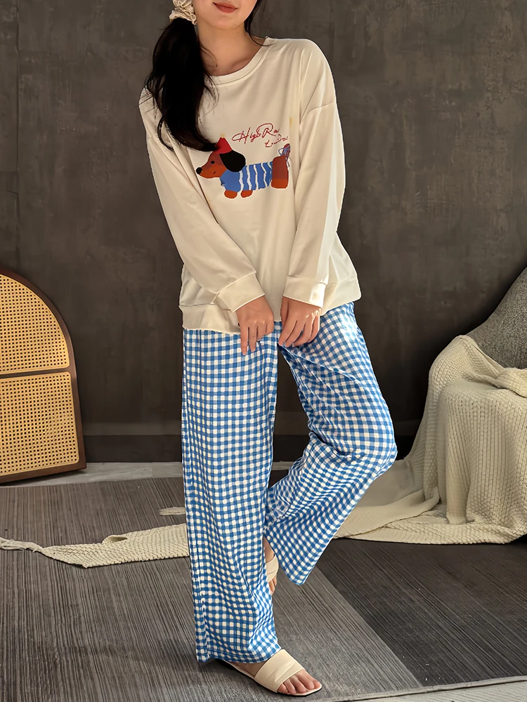 2024 New Japan fashion Pajamas Women Spring and Autumn Pure Cotton Puppy Long sleeve Plaid Pants Can Be Worn outside Homewear...