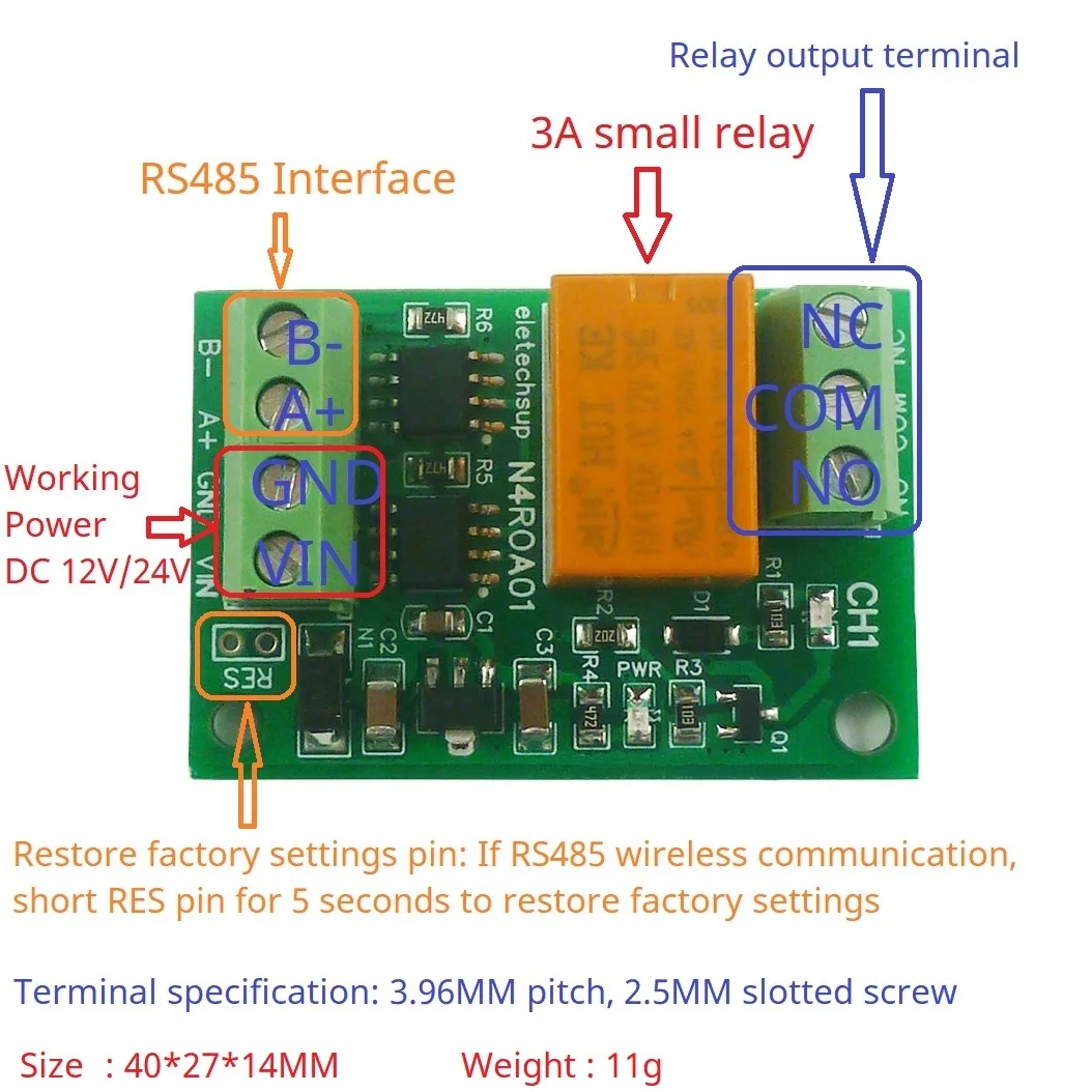 1CH 3A Маленькая релейная плата DC 12 В 24 RS485 UART Переключатель последовательного порта