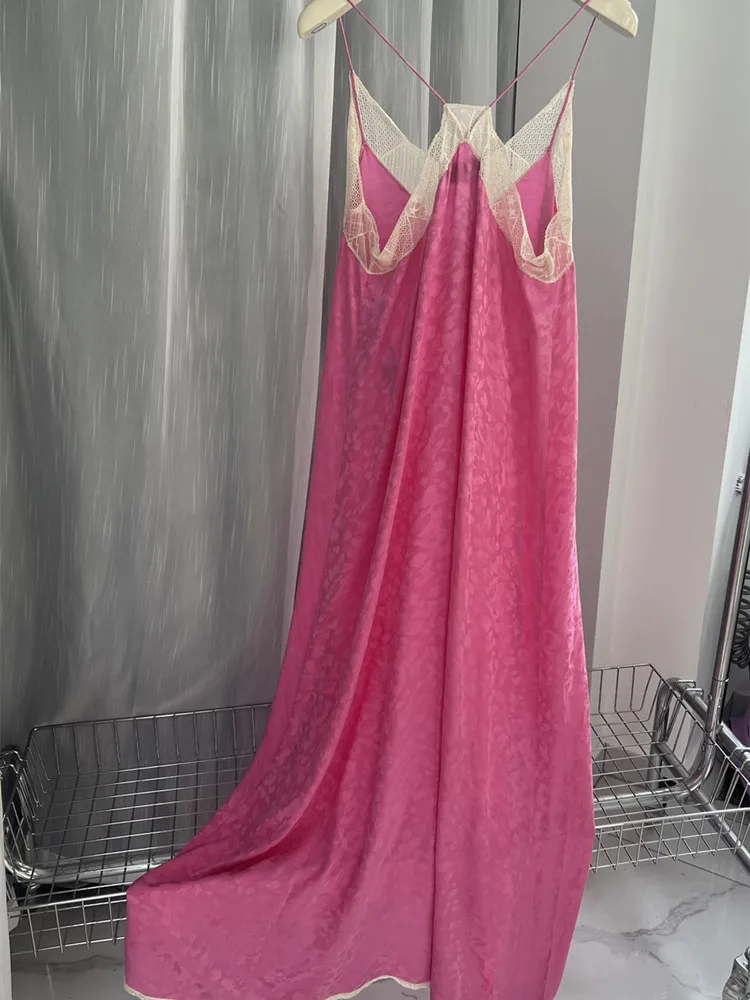 

Women's Leopard Patterned Spaghetti Strap Jacquard Dress Lace Stitching Sexy Sleeveless Lady 100% Silk Irregular Midi Sling Robe