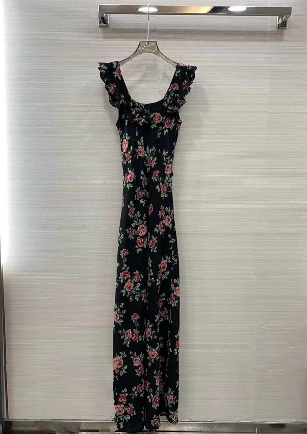 

2023 new women fashion sleeveless square neck fungus edge print slim fit elegant long dress suspender dress dress 0722