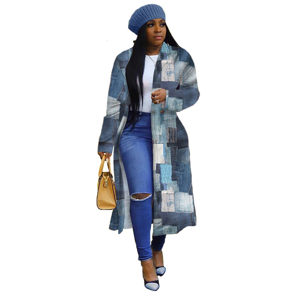 

Женские Модные Зубчатый воротник с длинными рукавами джинсовая куртка двубортный шаблон печати длинный Тренч куртка в винтажном стиле раз...