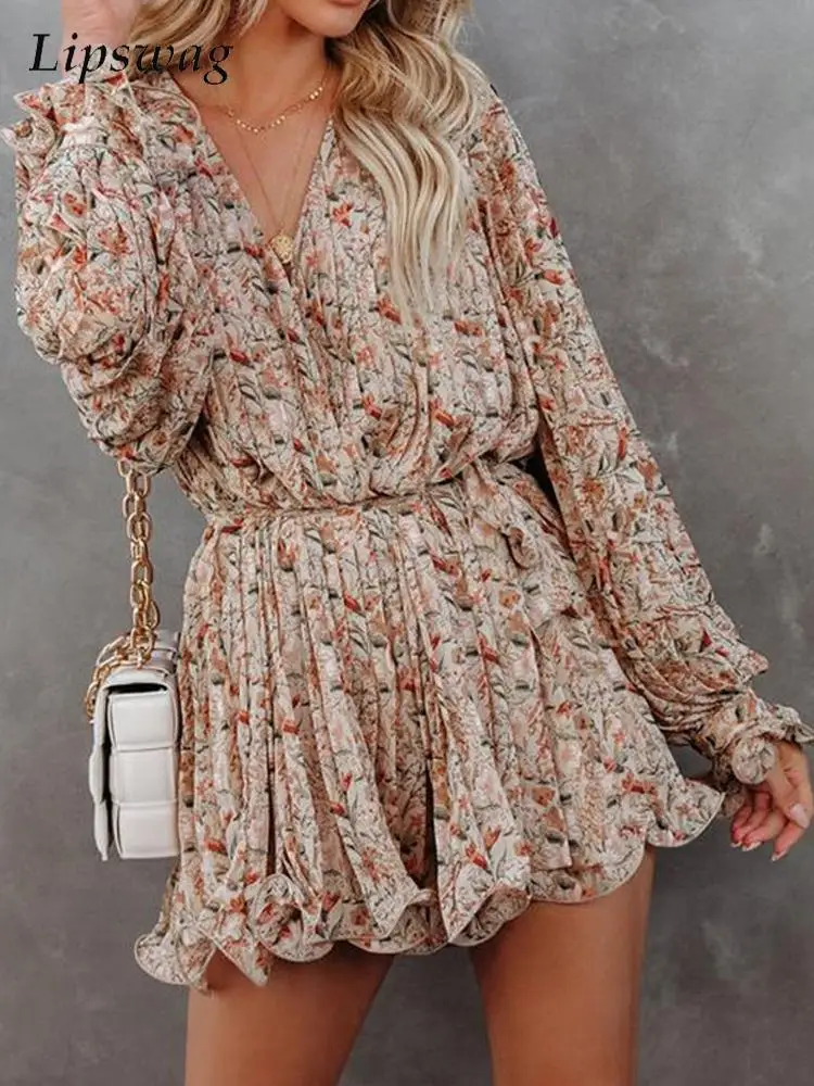 

2022 Casual Ruffles Long Lantern Sleeve Loose Playsuit Women Floral Print Shorts Skirts Jumpsuit Summer Lace Up Holiday Overalls