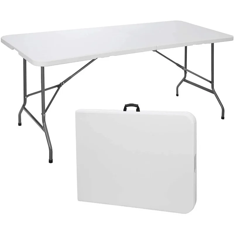 

LISM Folding Utility Table 6ft Fold-in-Half Portable Plastic Picnic Party Dining Camp Table, White