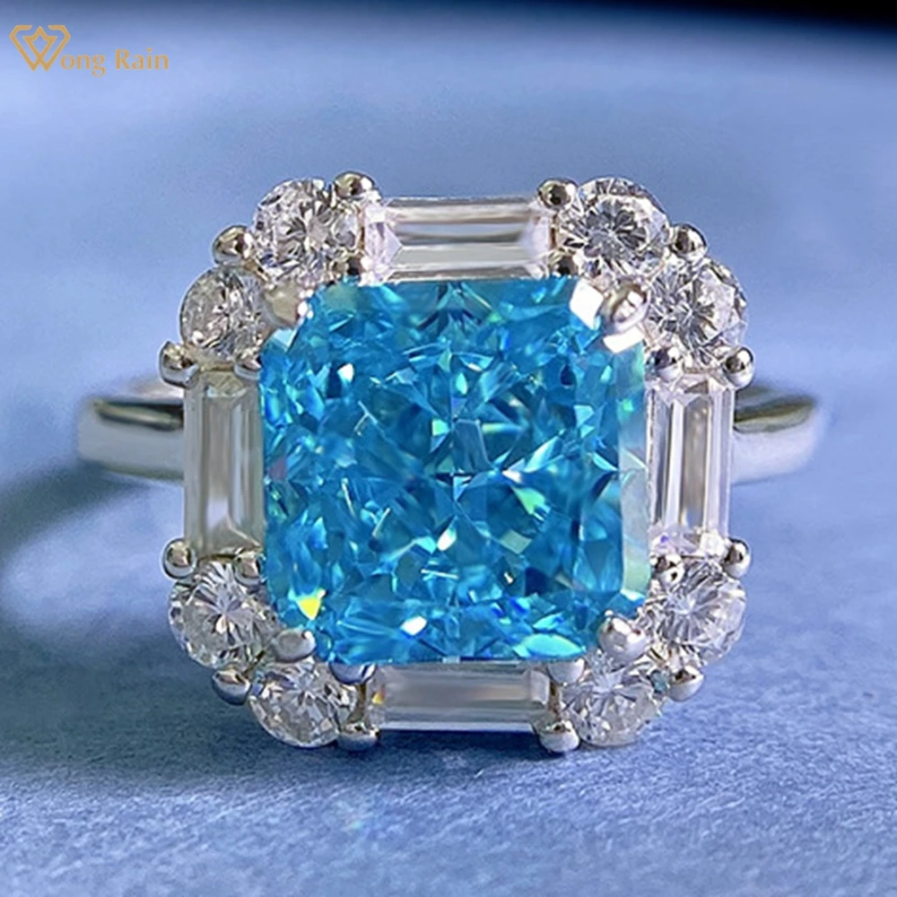 

Wong Rain 100% 925 Sterling Silver 8*8MM Crushed Ice Cut Lab Aquamarine Gemstone Engagement Jewelry Ring For Women Wedding Gift