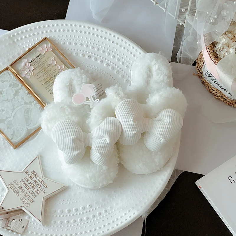 Новые Симпатичные плюшевые женские тапочки с большим трехмерным бантом теплая